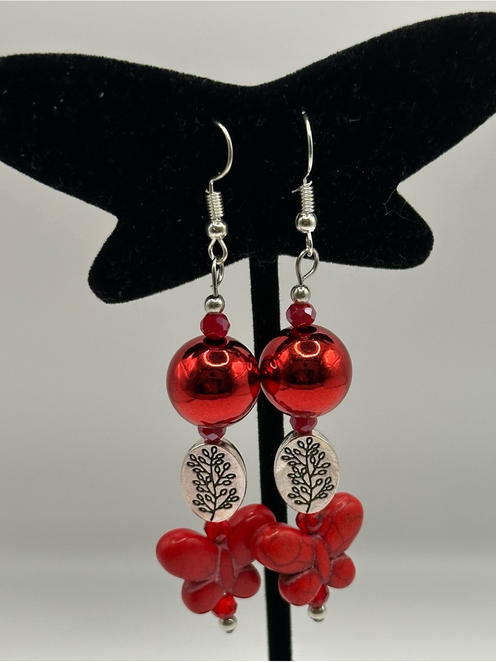 Red Bead & Flower Dangle Earrings - Women Jewelry